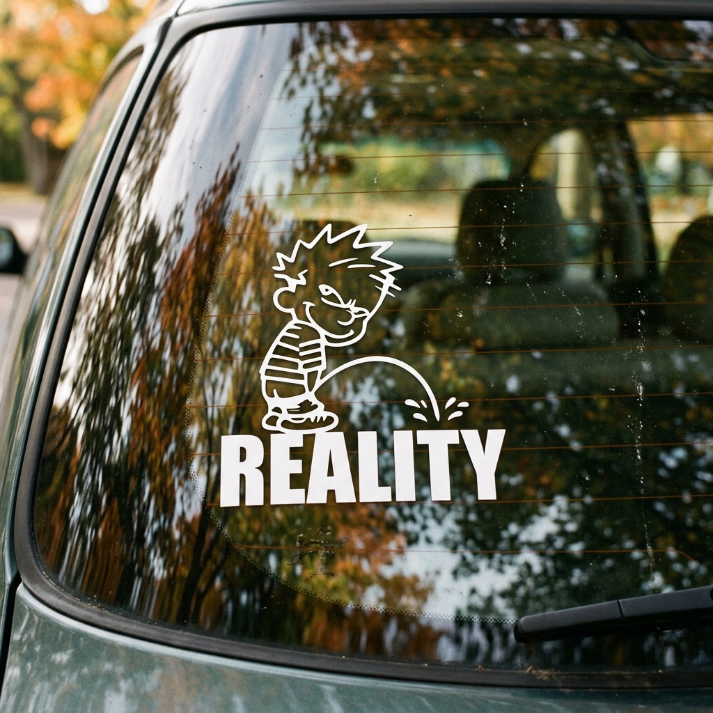 Baudrillard Calvin Decal on a car window, showing Calvin peeing on the word REALITY