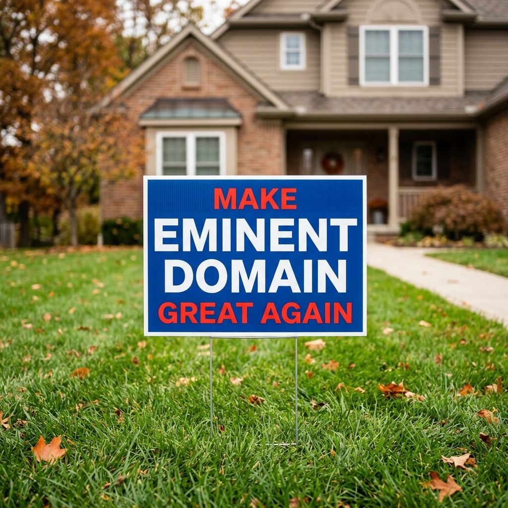 Make Eminent Domain Great Again yard sign standing on lawn in front of house