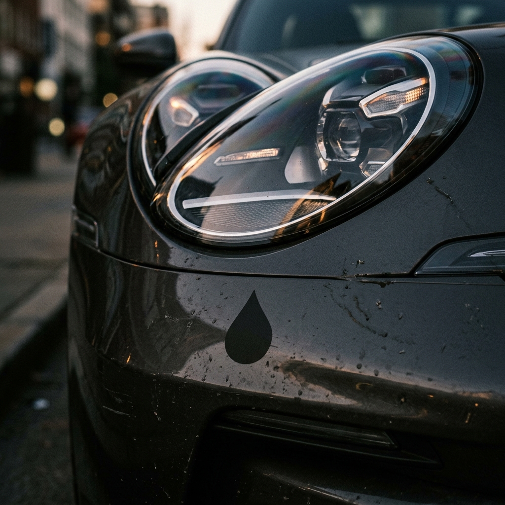 Black teardrop vinyl decal applied on a car bumper underneath the headlight