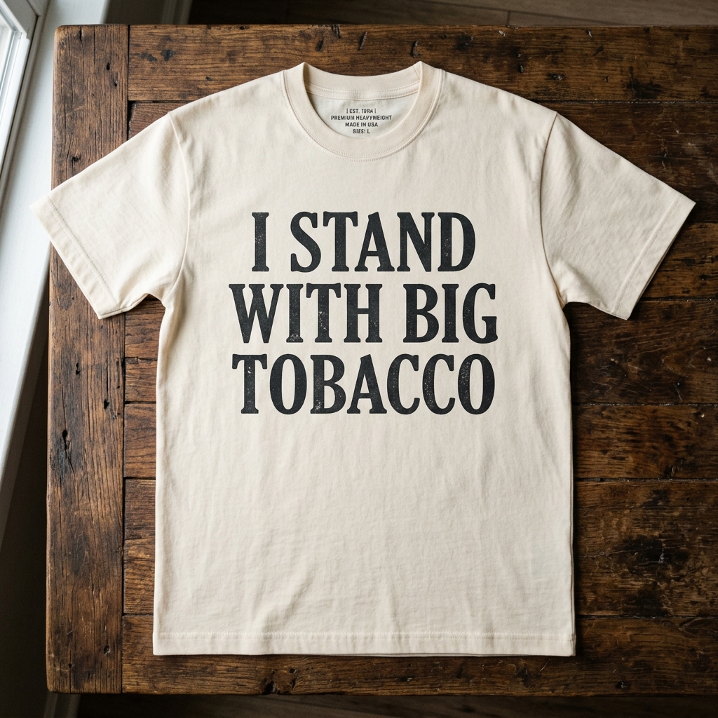 Cream-colored I Stand With Big Tobacco t-shirt on a dark wood background